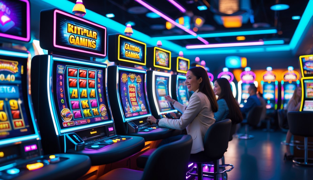 Beberapa orang sedang bermain mesin slot online di ruangan modern dengan layar komputer dan ponsel menampilkan permainan slot yang berwarna-warni.