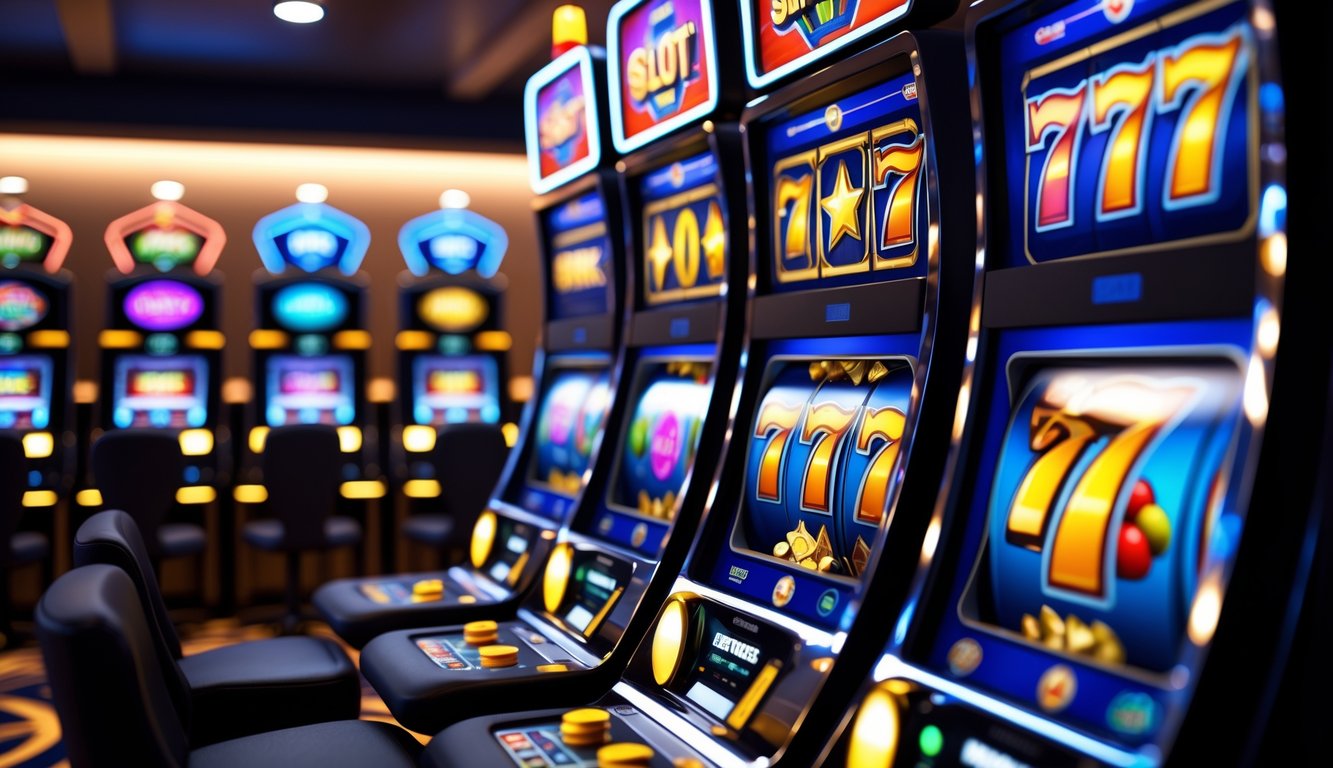 Suasana modern dengan mesin slot digital berwarna cerah dan elemen yang menunjukkan kepercayaan dalam permainan slot online.