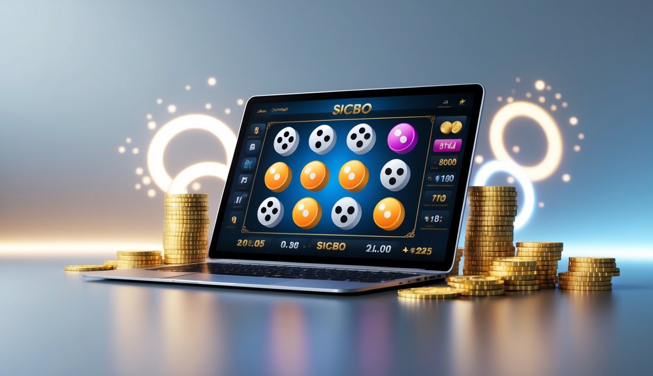 Sebuah laptop menampilkan permainan Sicbo online dengan dadu berwarna cerah dan tumpukan chip di sekitarnya.