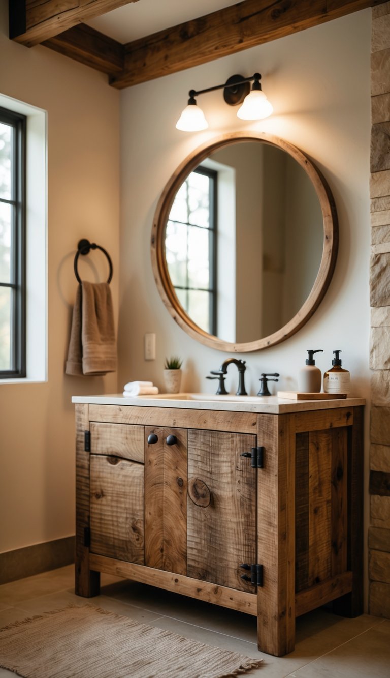 A bathroom with a wooden vanity made from reclaimed wood, featuring a sink, mirror, and natural lighting.