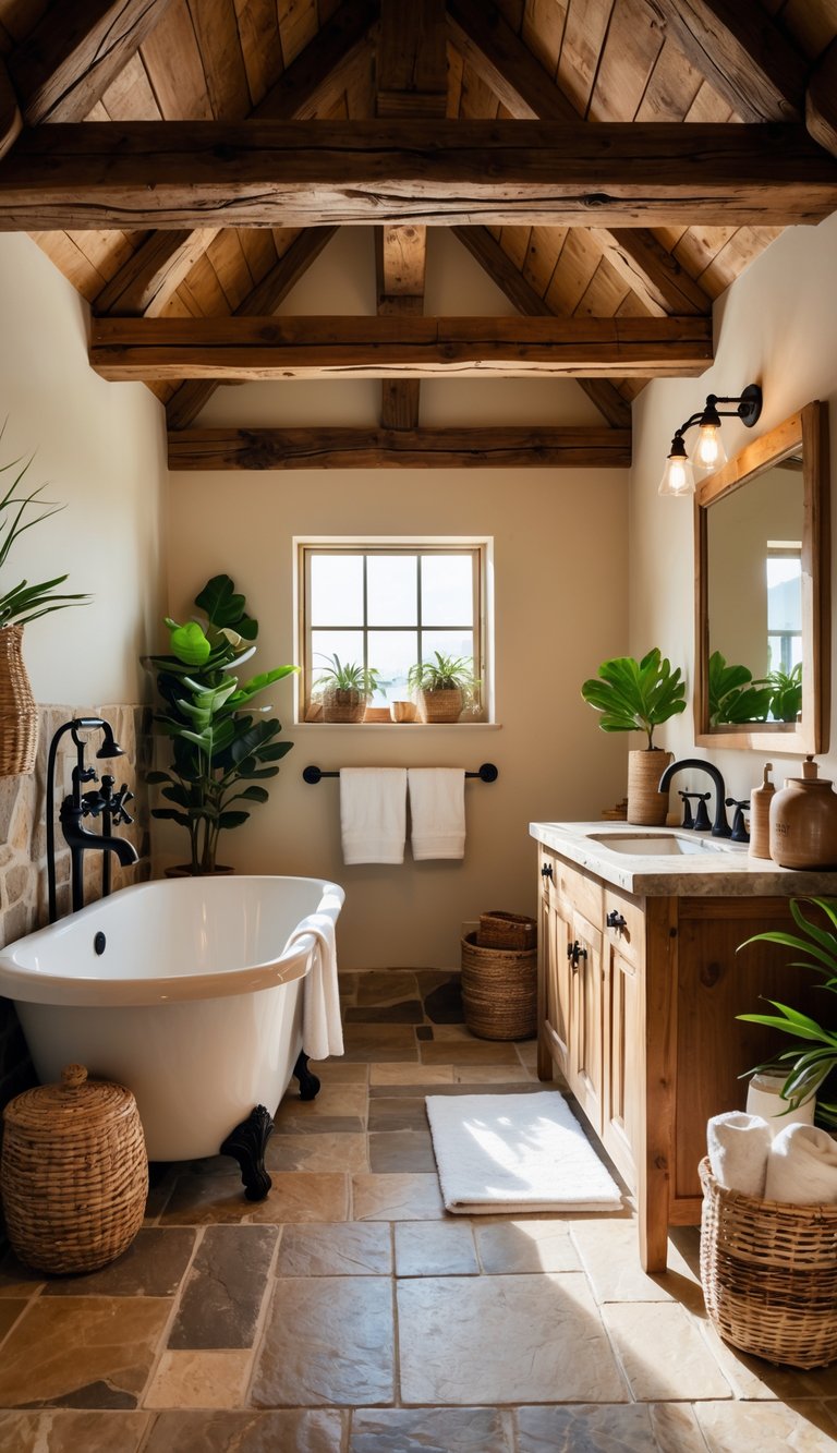 A bathroom with exposed wooden beams on the ceiling, a freestanding bathtub, wooden vanity, and natural stone tiles.