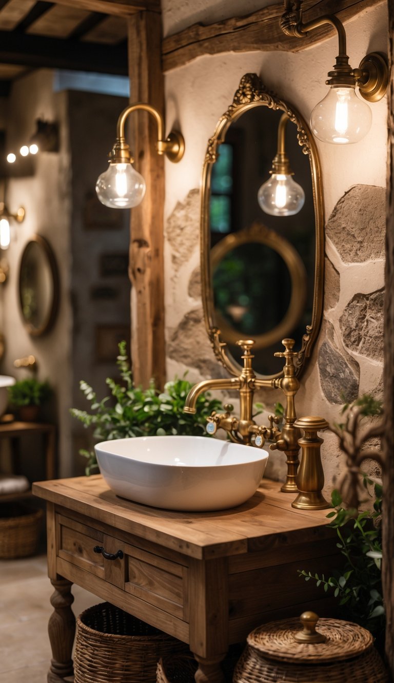 A bathroom with a wooden vanity, white sink, brass faucets, and rustic decor including a mirror and plants.