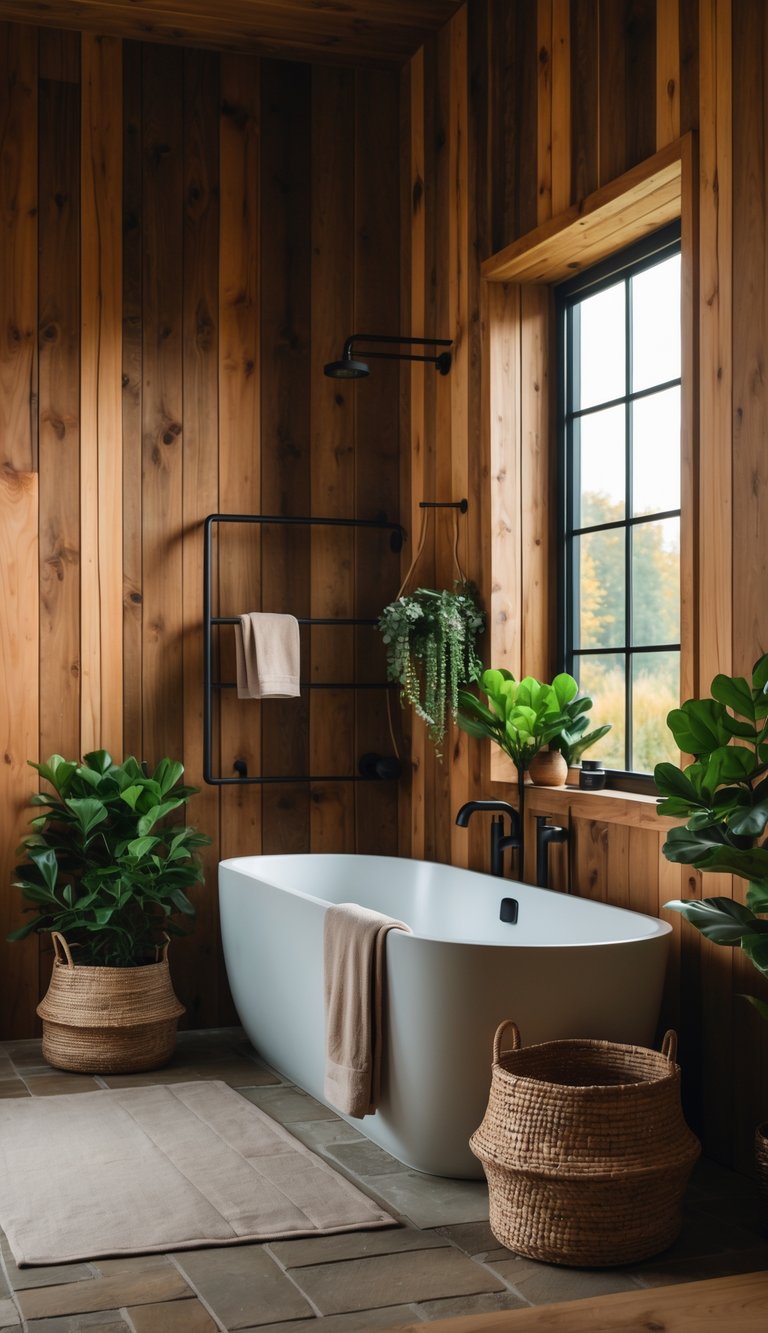A bathroom with wood-paneled walls, a freestanding bathtub, plants, and natural light coming through a window.