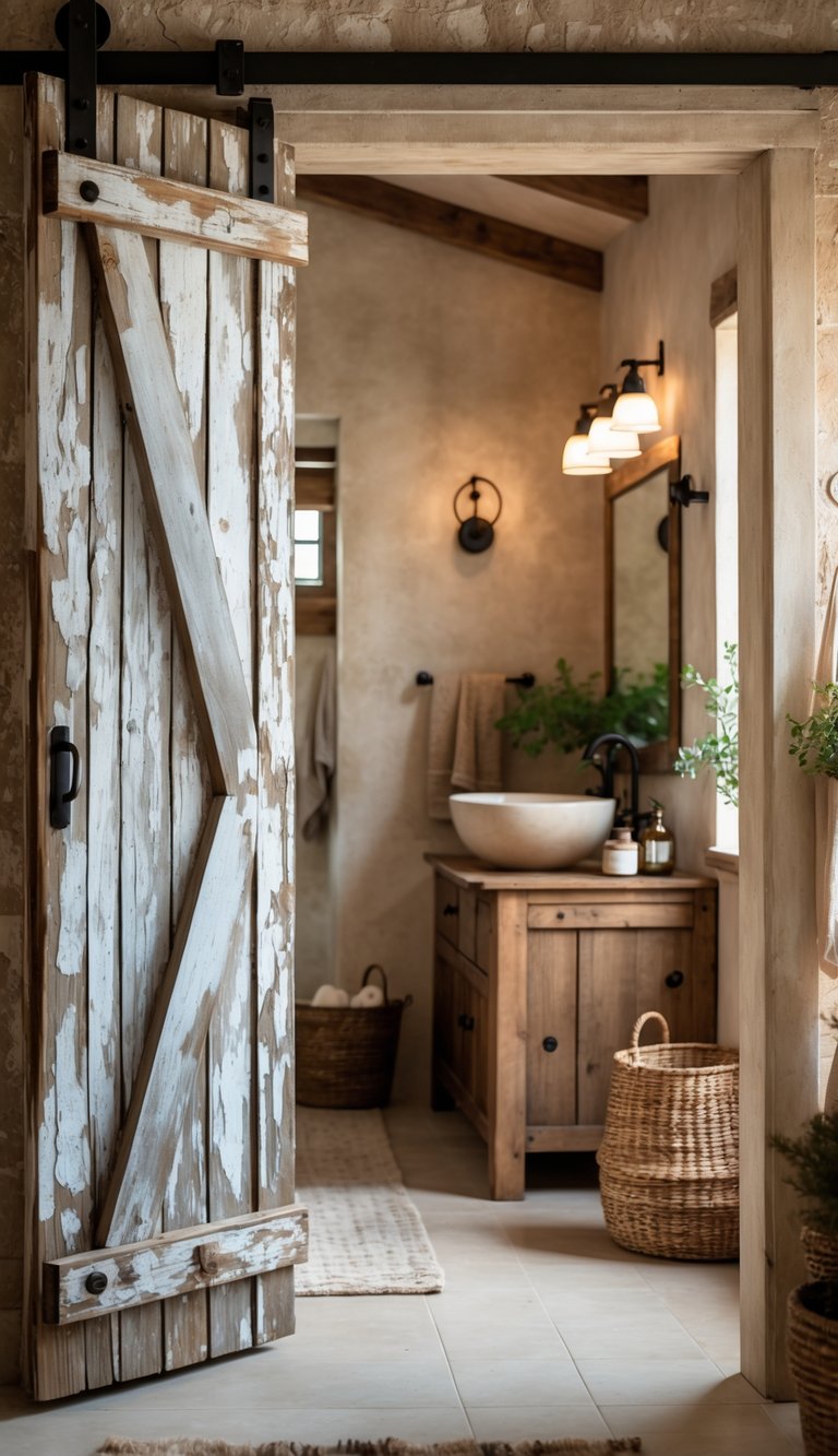 A bathroom interior viewed through a partially open distressed wooden barn door, showing a vanity, sink, and rustic decor.