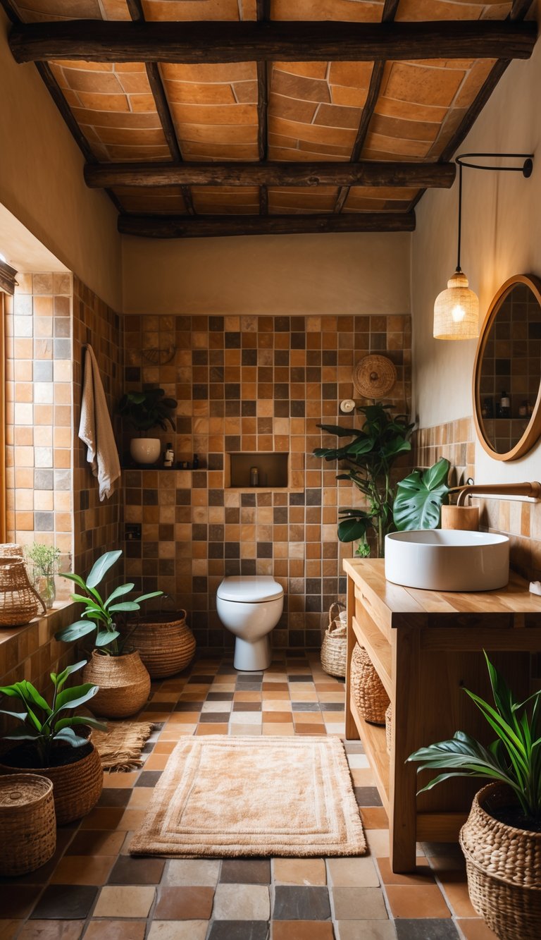 A bathroom with earthy toned ceramic tiles, a wooden vanity with a white sink, a round mirror, and natural light illuminating the space.