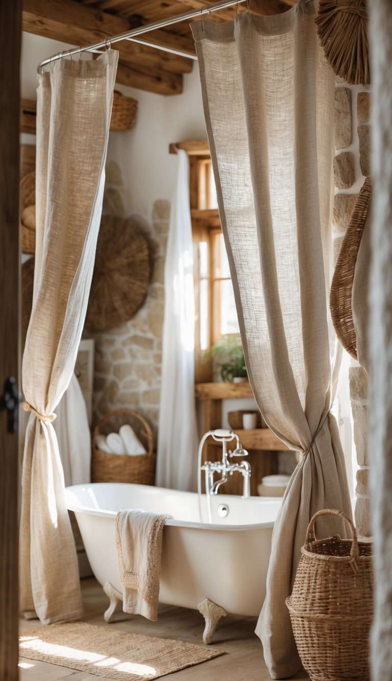 A rustic bathroom with handwoven linen shower curtains hanging around a bathtub, surrounded by wooden accents and natural light.