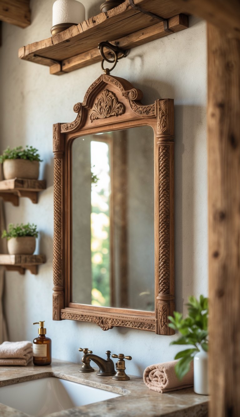 Antique wooden framed mirror hanging on a bathroom wall with rustic decor including wooden shelves and potted plants.