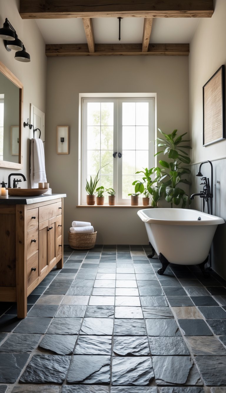 A bathroom with natural dark slate flooring, a freestanding bathtub, wooden furniture, and soft natural light coming through a window.