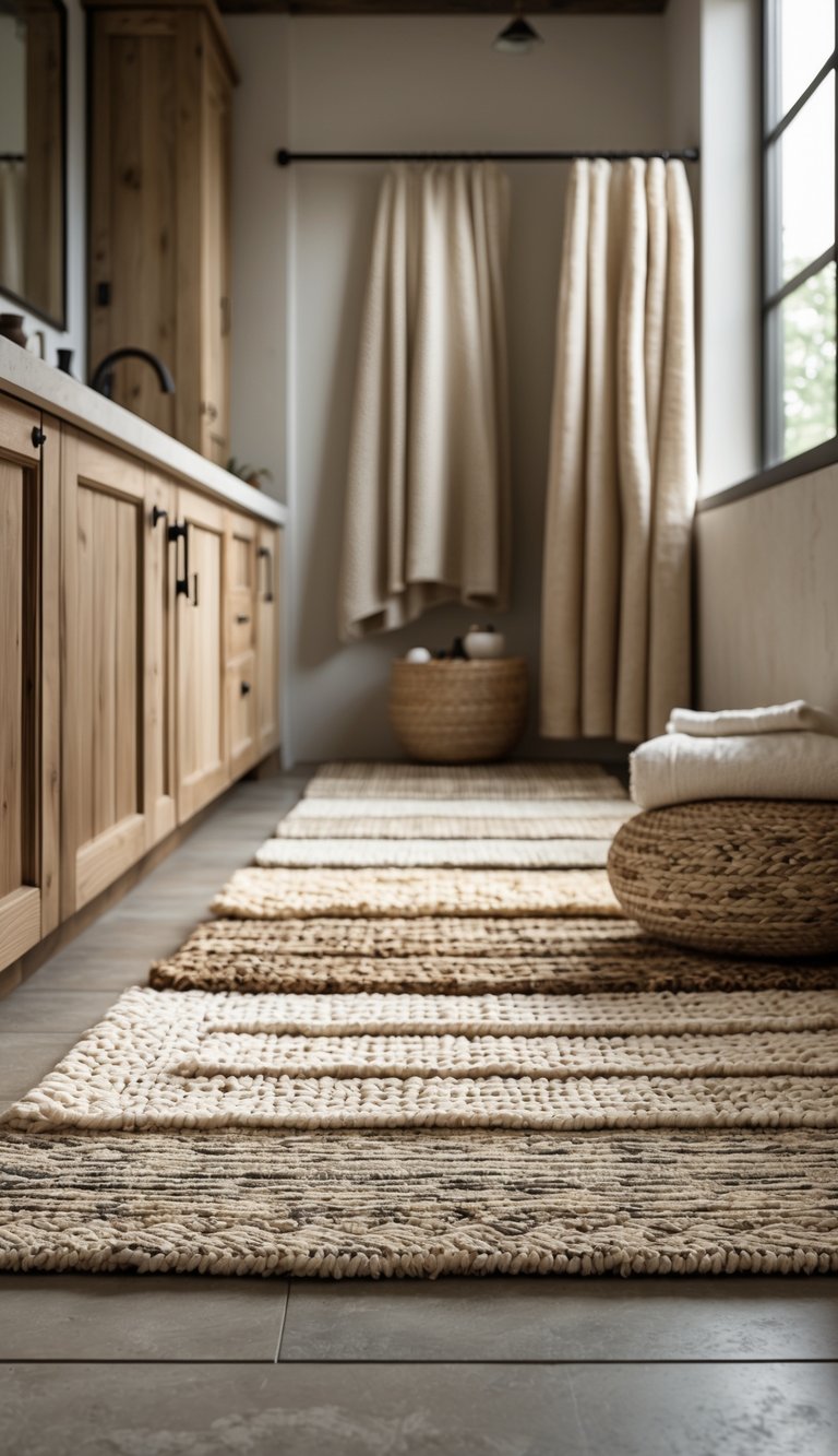 A bathroom with layered neutral-colored rugs on the floor, wooden cabinets, and a stone countertop under natural light.