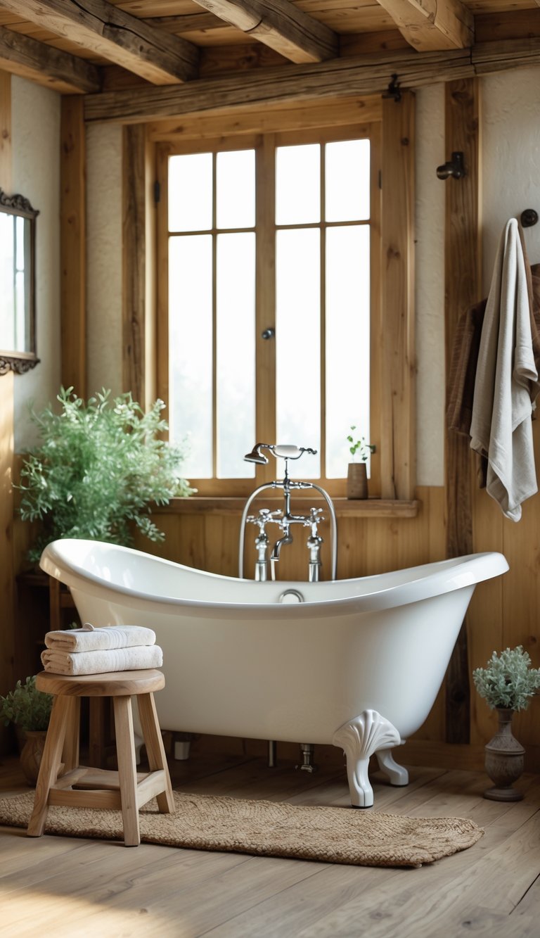 A freestanding clawfoot bathtub in a cozy bathroom with wooden walls and natural light.