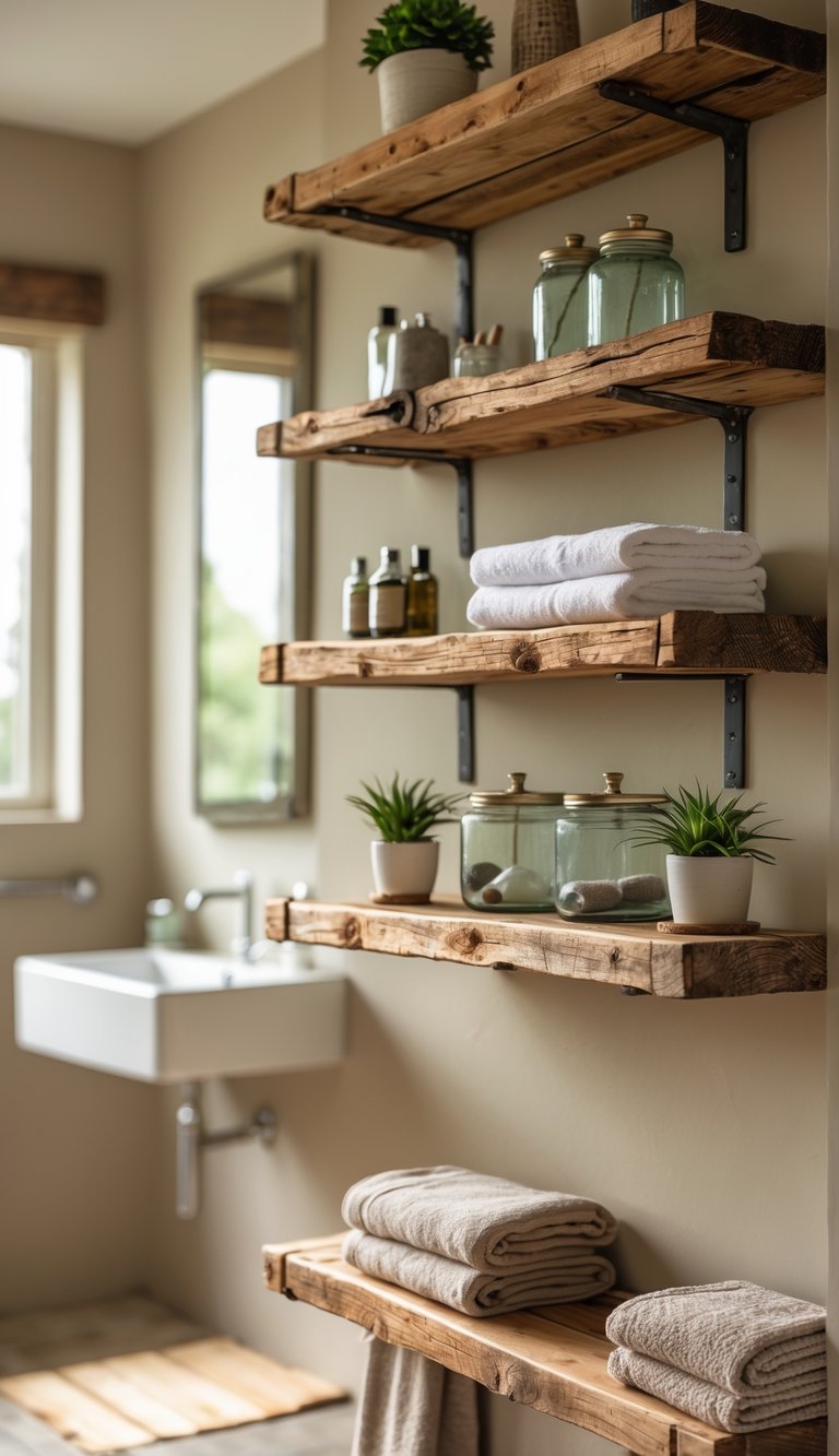Bathroom with open shelves made from reclaimed wood holding towels, jars, and plants above a sink.