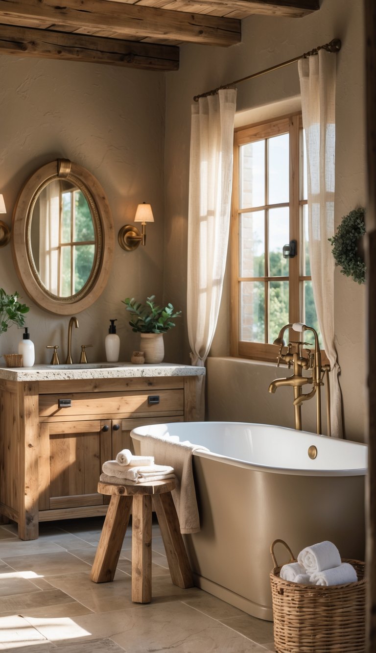 A rustic bathroom with beige walls, a wooden vanity, freestanding bathtub, and natural light coming through a window.