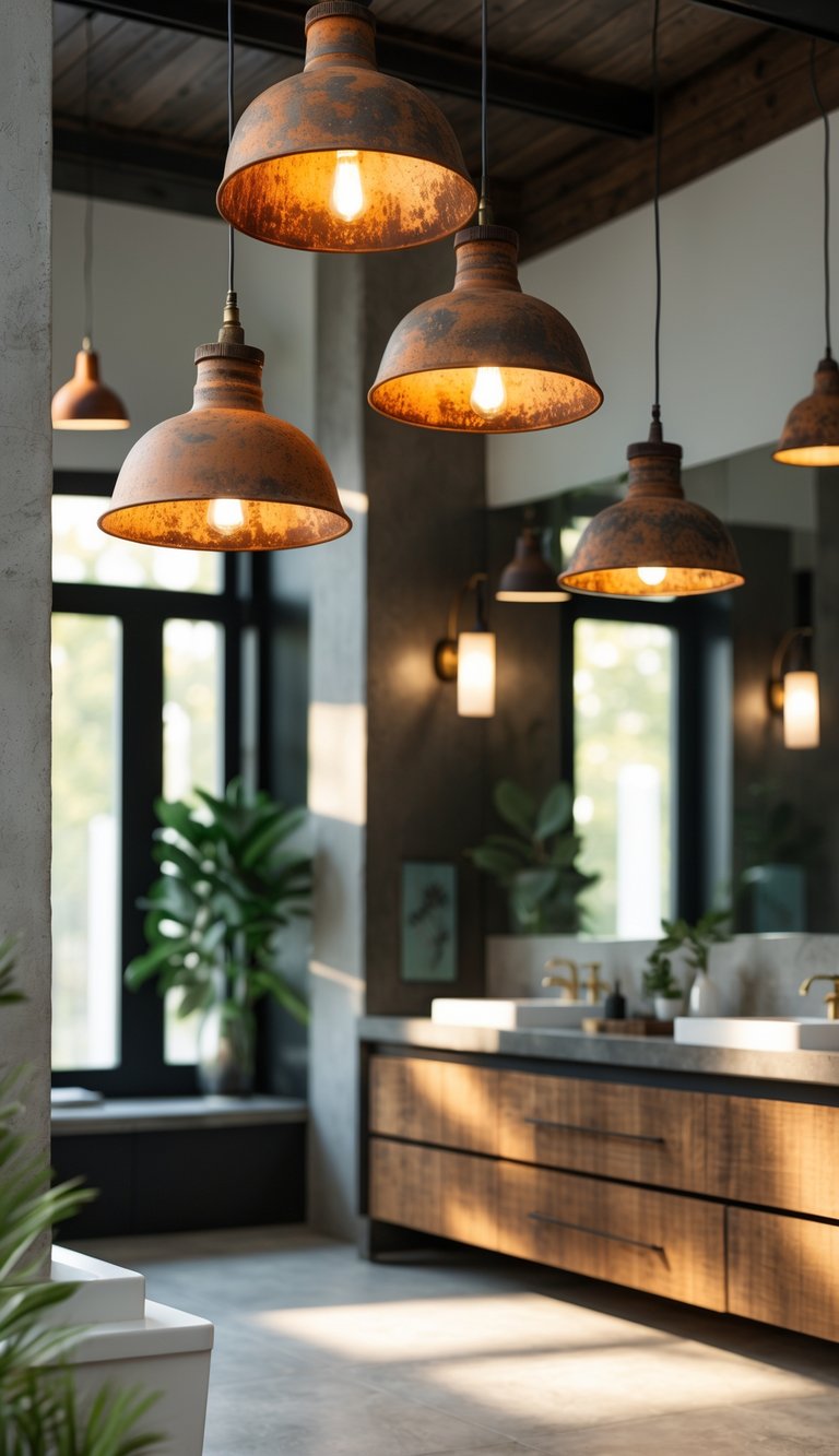 Bathroom interior with rusted metal pendant lights hanging above a vanity and mirror.