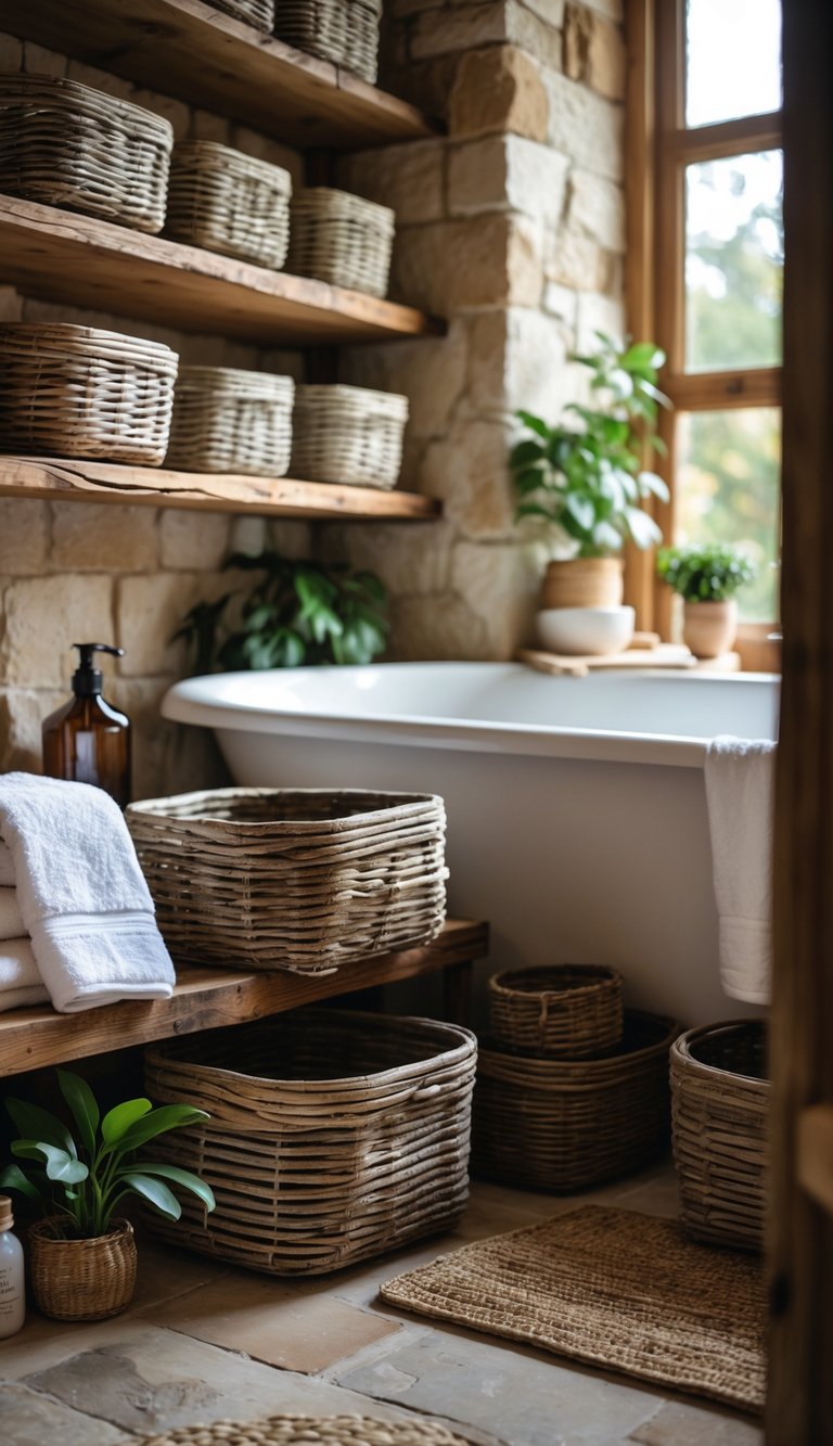 A bathroom with weathered wood storage baskets placed on shelves and near a bathtub, surrounded by towels, plants, and natural decor.