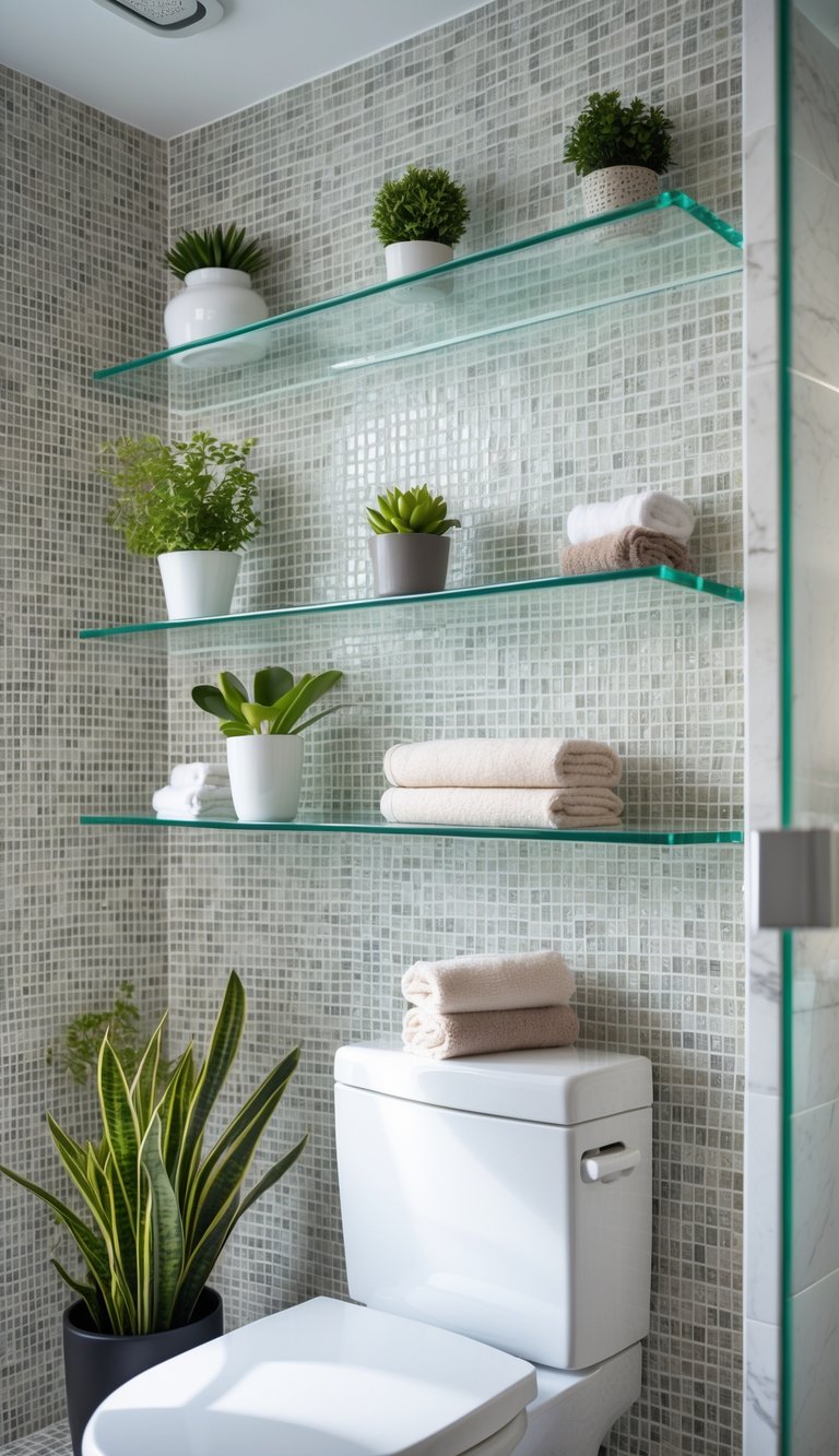 A bathroom with floating glass shelves above the toilet and mosaic tile wall behind them, holding decorative items and towels.