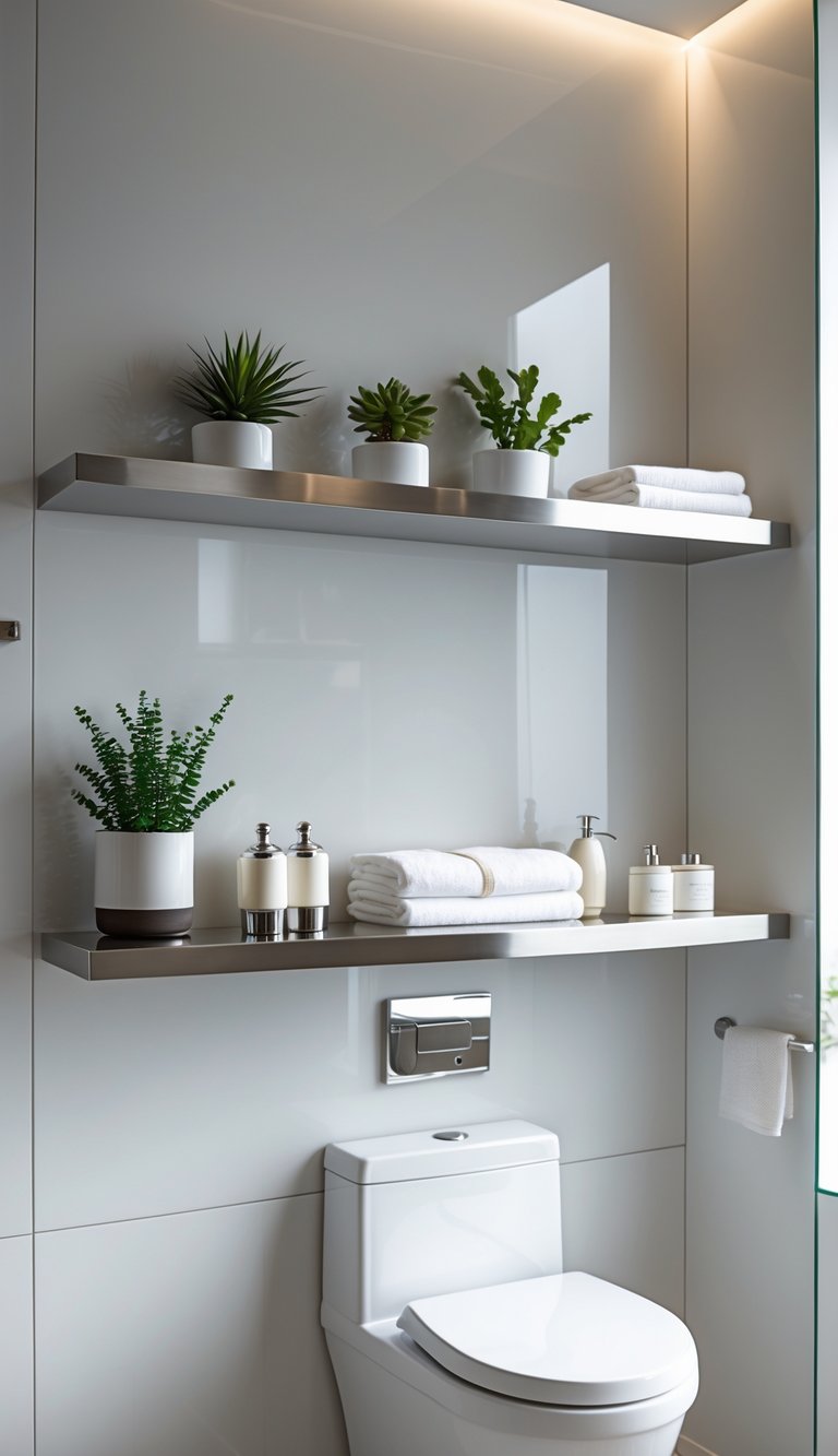 A bathroom with stainless steel floating shelves mounted above a toilet holding plants, towels, and bathroom accessories.