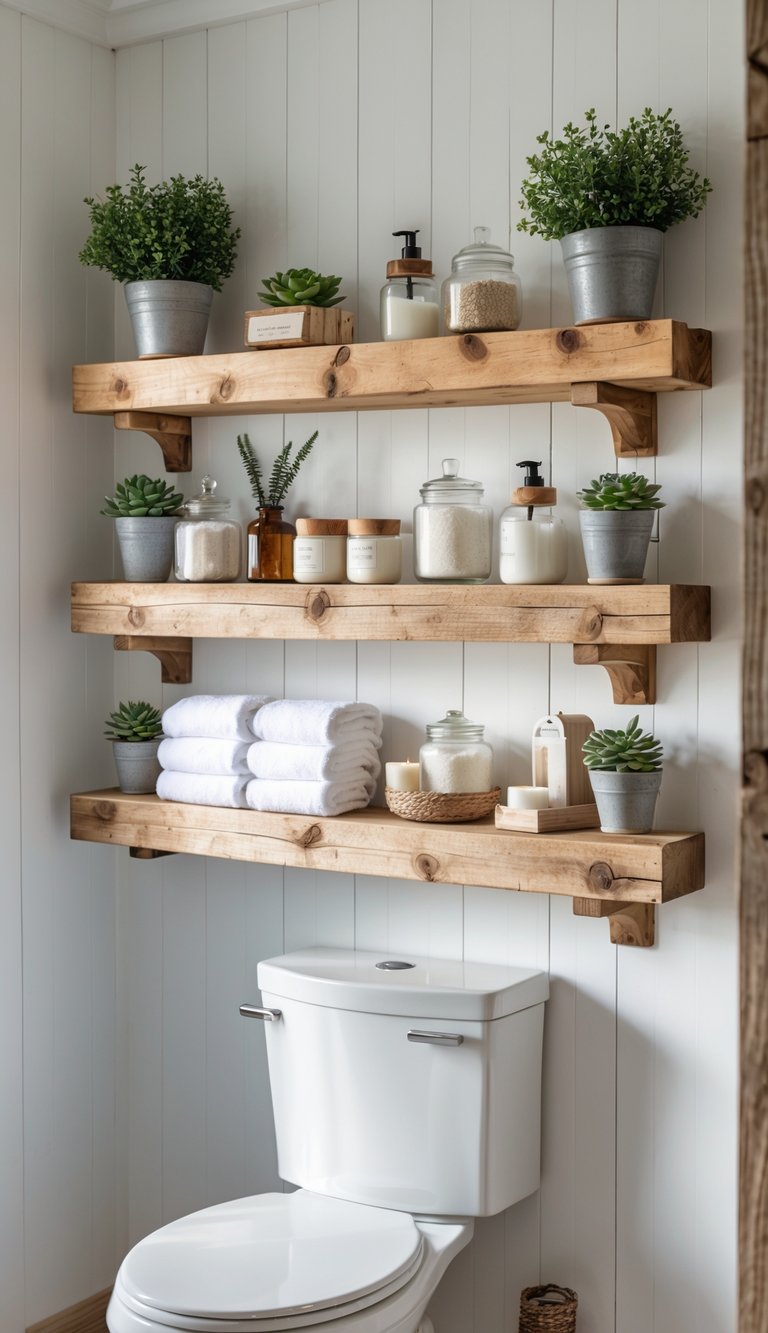 A bathroom with wooden shelves above a toilet holding plants, towels, and bathroom items.