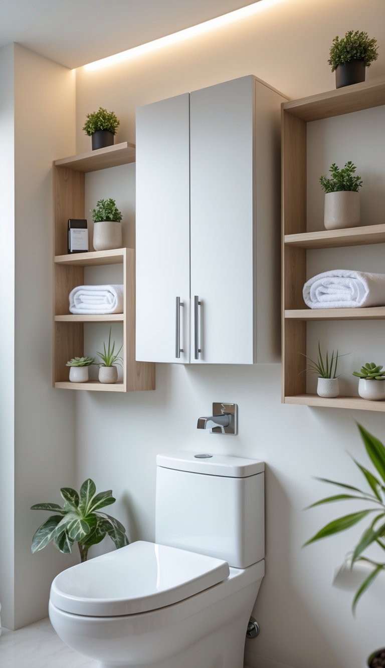 A bathroom with a shallow double-door cabinet and several shelves above a toilet, displaying decorative items.
