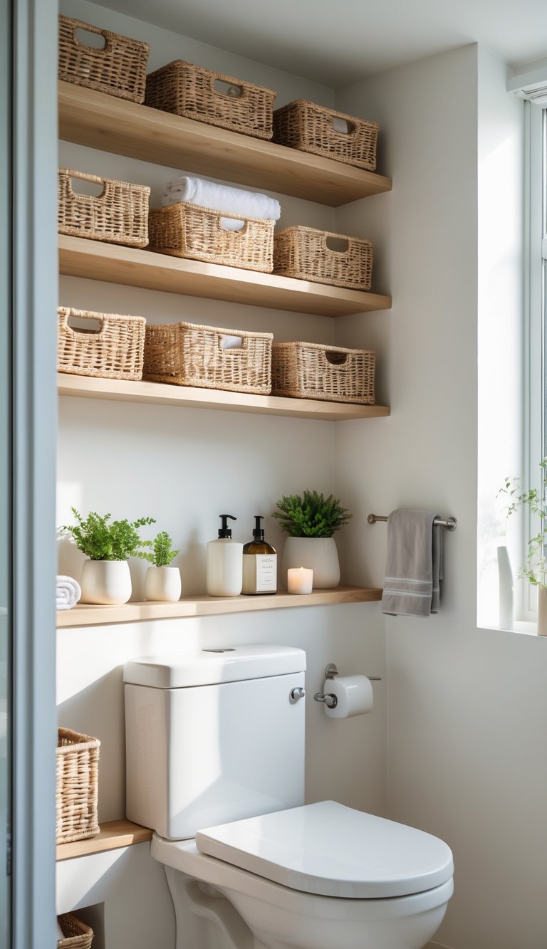 Bathroom with wooden shelves and wicker baskets arranged above a toilet, featuring small plants and bathroom accessories.