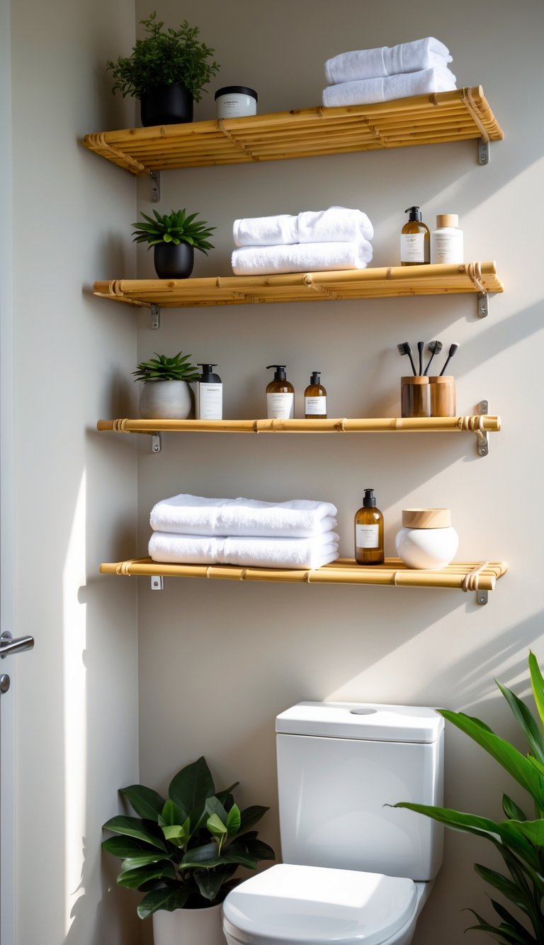 A bathroom with bamboo open shelves above a white toilet holding towels, plants, and toiletries.