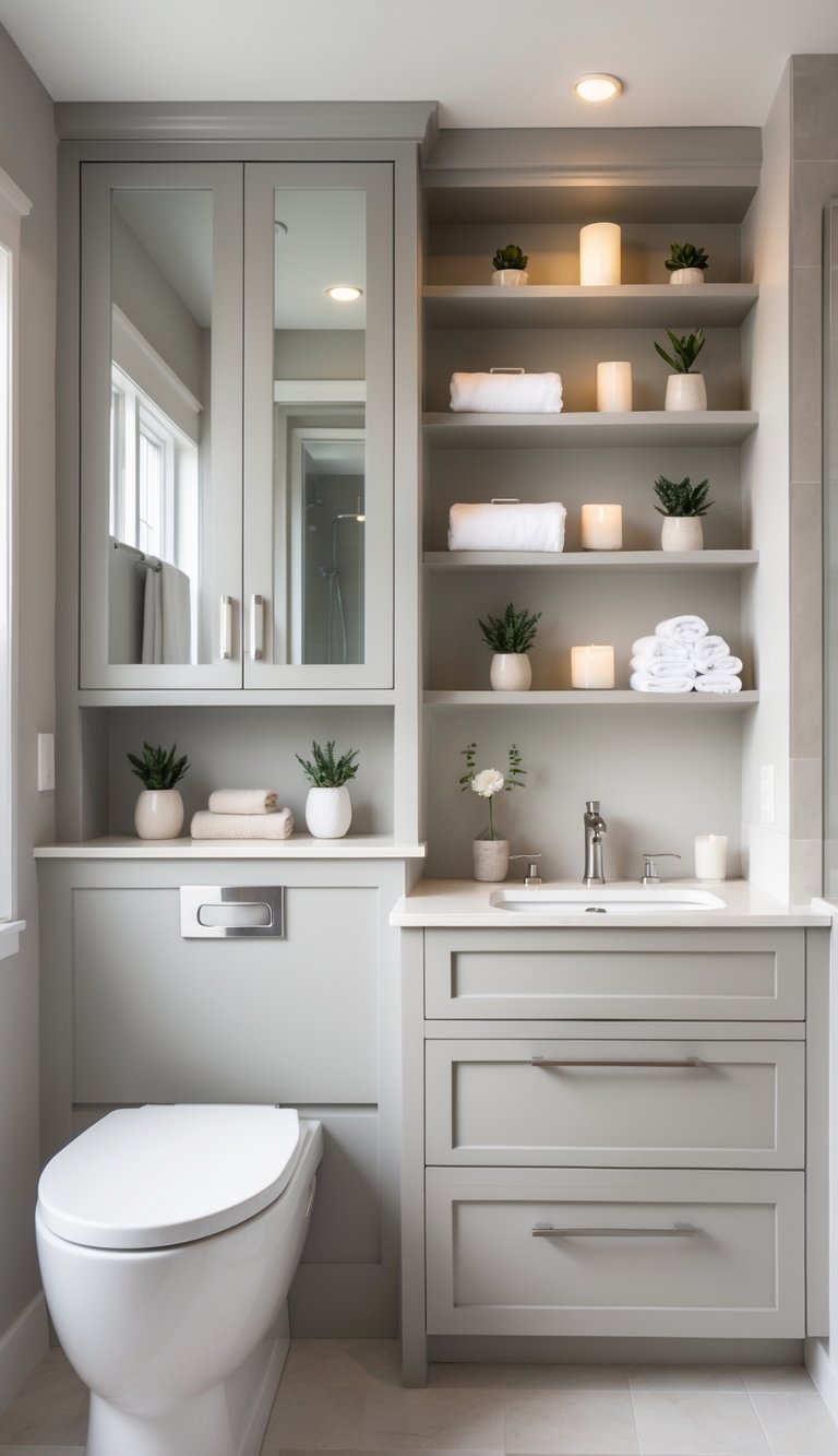 A bathroom with custom built-in cabinetry matching the vanity and multiple shelves above the toilet holding decorative items.