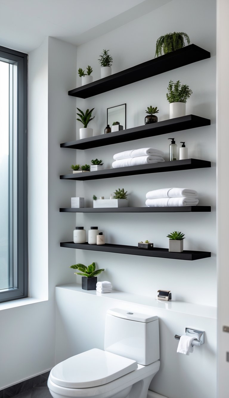 A bathroom with floating shelves above the toilet holding plants, towels, and containers.