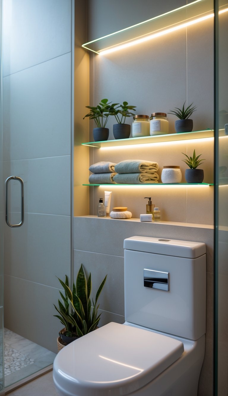 A glass shelf with LED lighting mounted above a toilet in a bathroom, holding towels, plants, and decorative items.