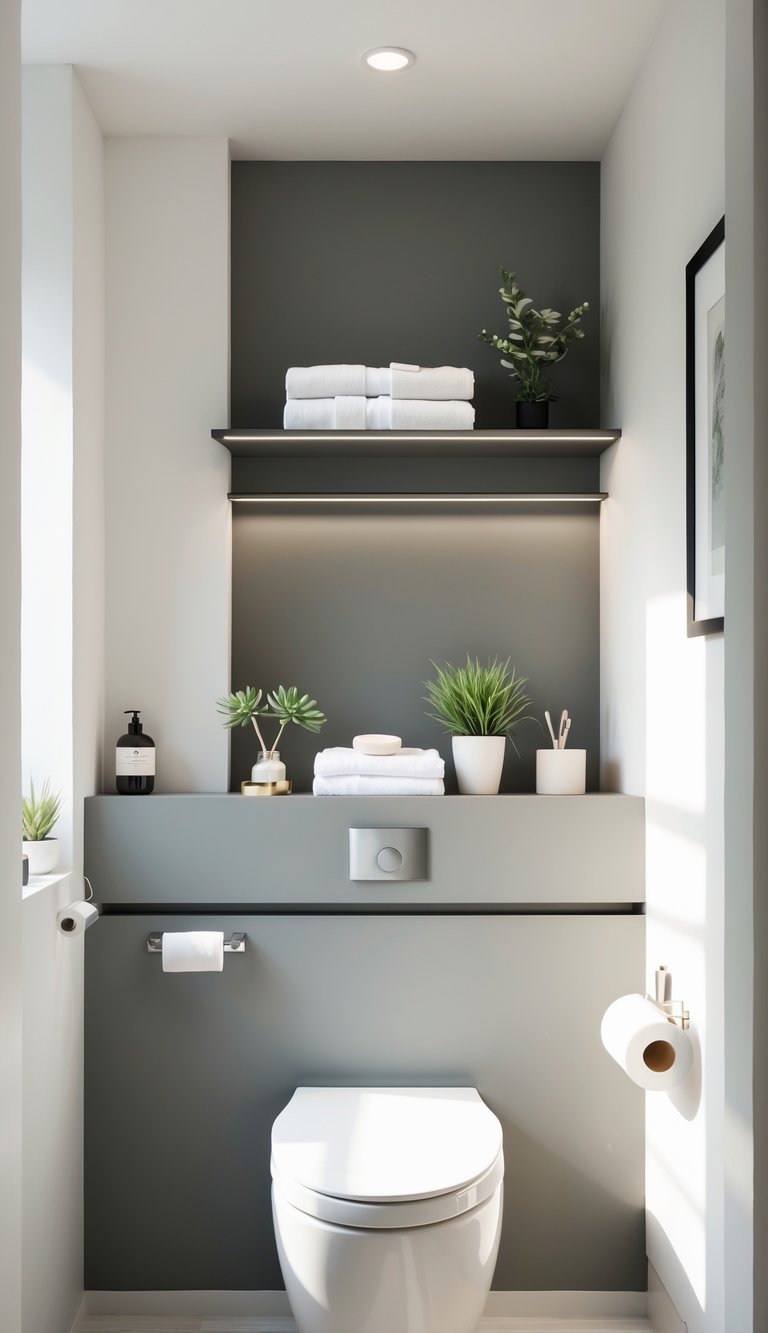 A bathroom shelf with a built-in towel rack mounted above a toilet, holding towels and small decorative items.