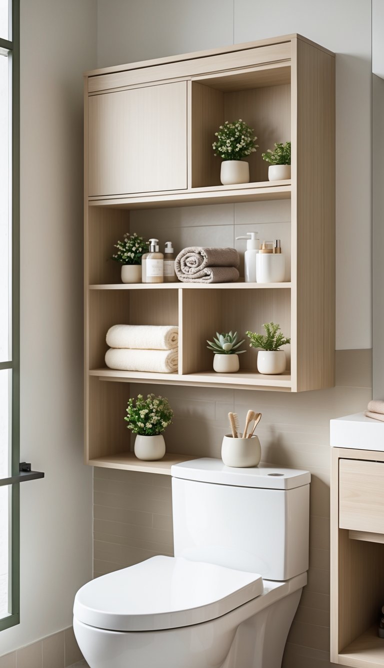 A bathroom with a white toilet and a wooden shelf unit with drawers above it, holding plants, towels, and bathroom accessories.