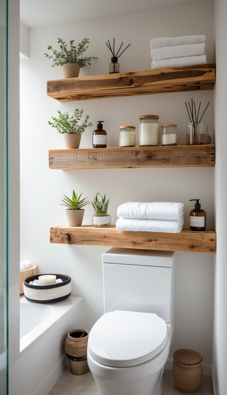 Bathroom with reclaimed wood shelves above the toilet holding plants, towels, and bathroom accessories.