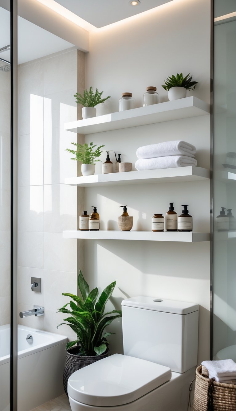 A bathroom with white floating shelves above a toilet holding towels, plants, and toiletries.