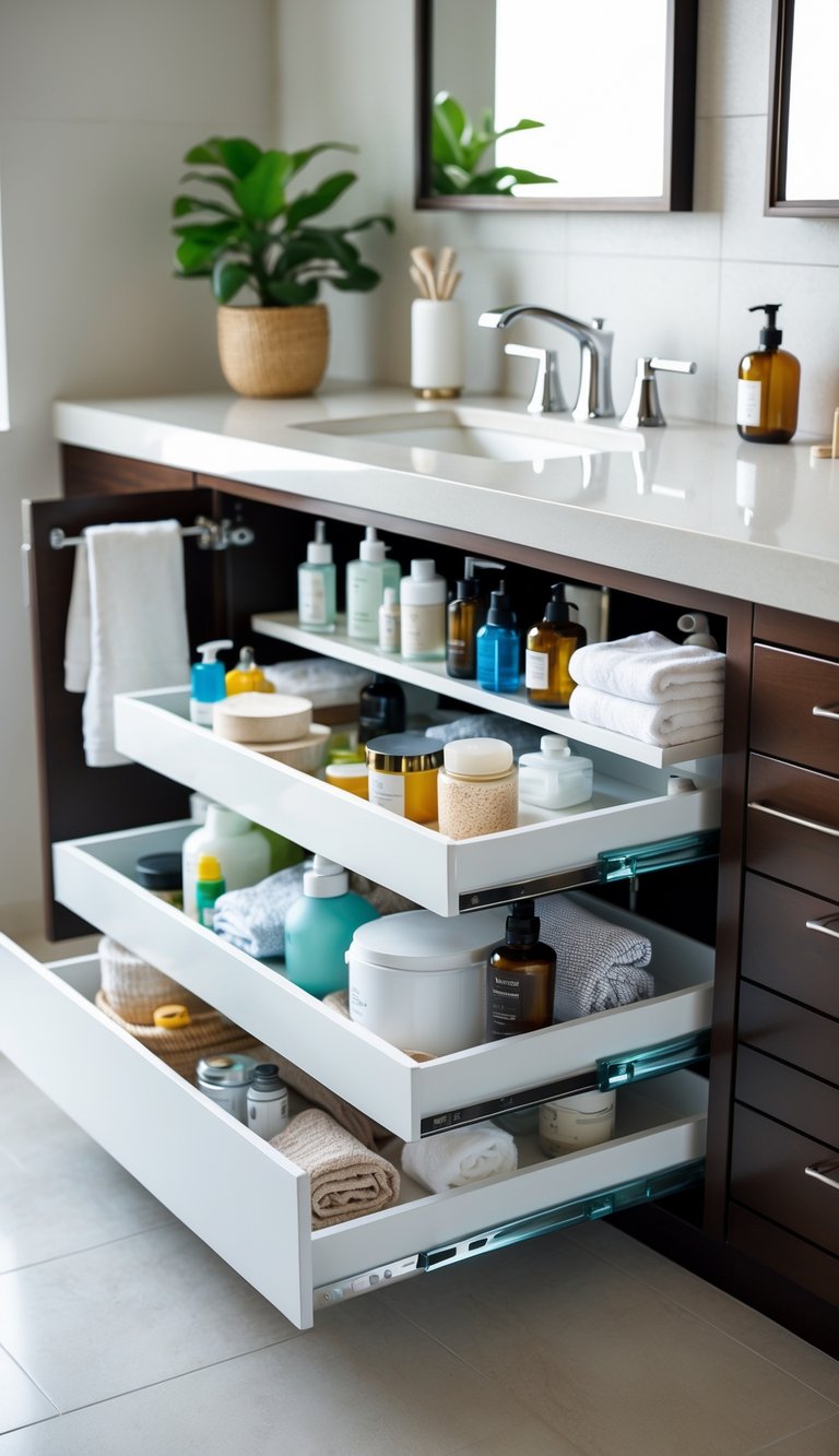 Open bathroom cabinet under the sink with tiered sliding drawers holding organized bathroom supplies.
