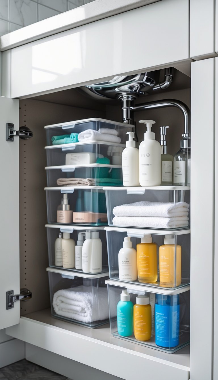 Bathroom cabinet under the sink organized with clear stackable bins holding toiletries and cleaning supplies.