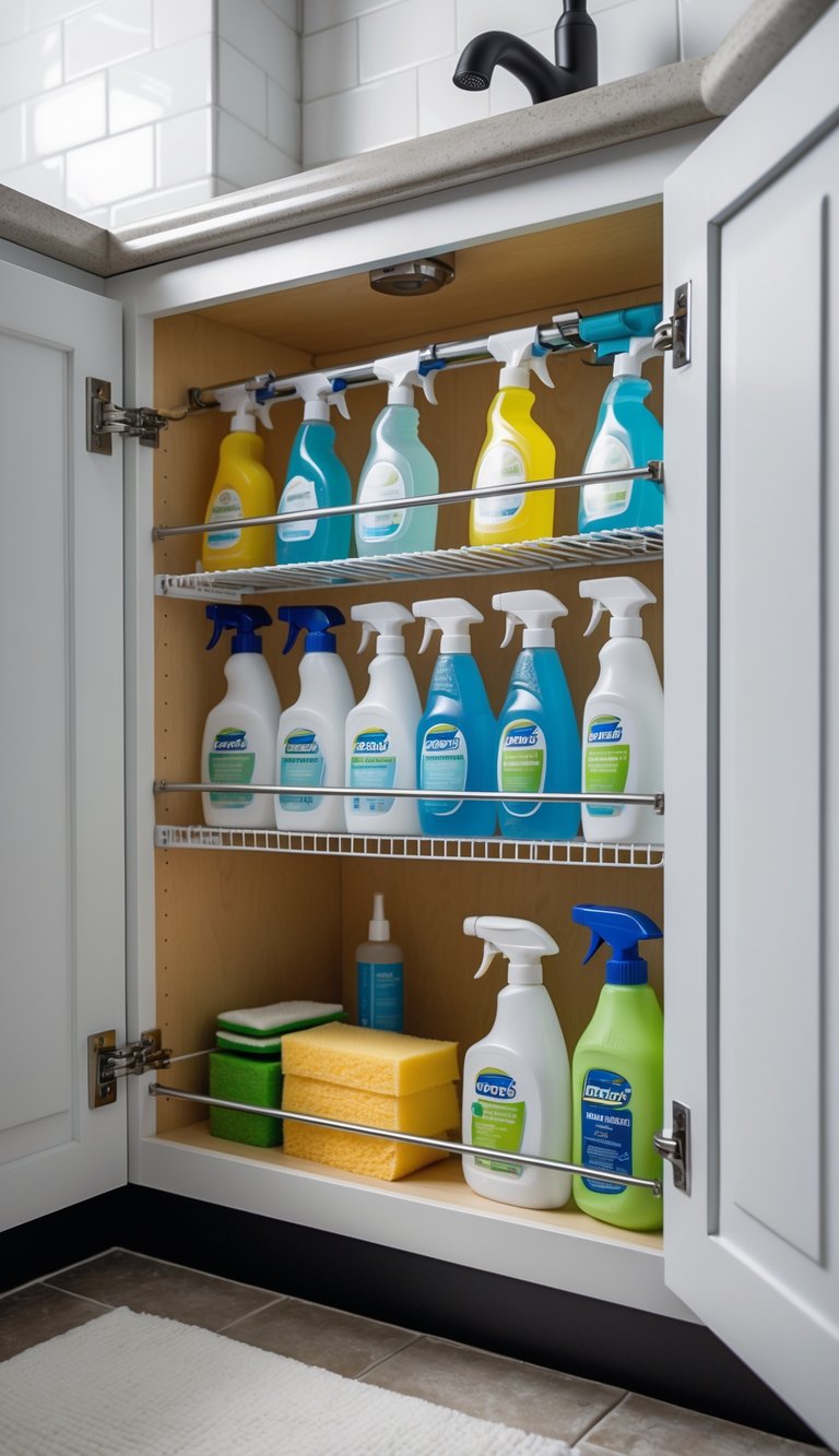 An open bathroom cabinet under the sink showing cleaning spray bottles hanging from tension rods with other cleaning supplies neatly organized inside.