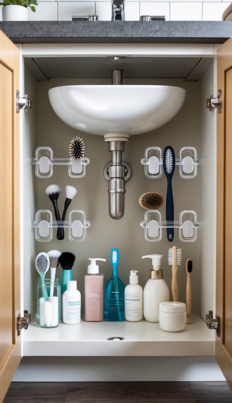 Inside of a bathroom cabinet under the sink with adhesive hooks on the doors holding brushes and organized cleaning supplies on the shelves.