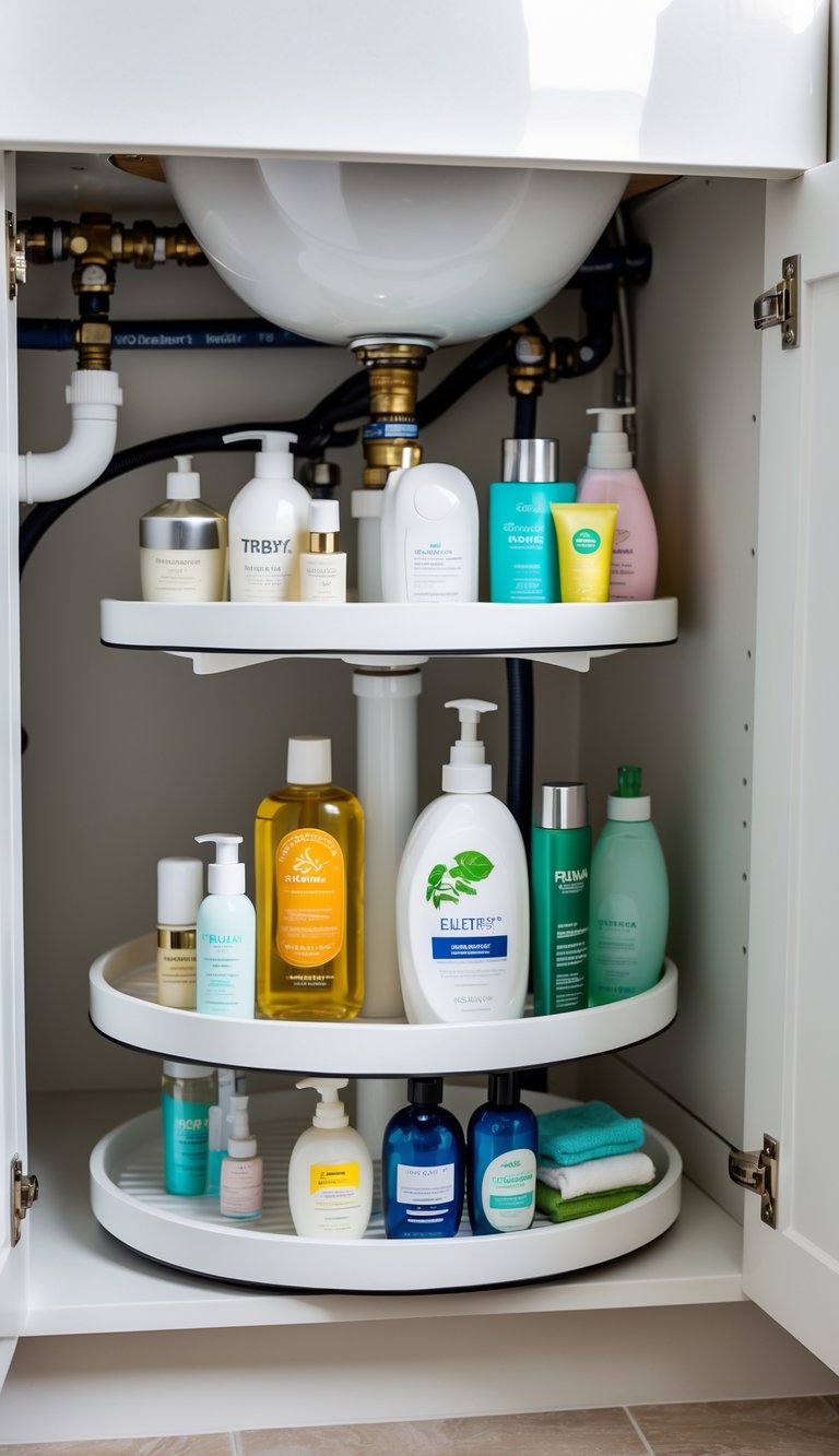An organized bathroom cabinet under the sink with rotating lazy Susans holding small bottles and toiletries.