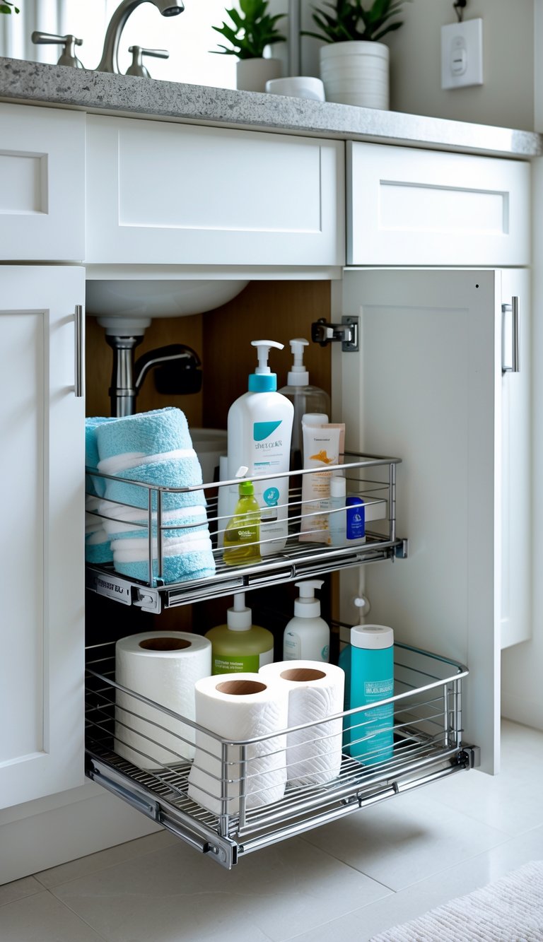 Open bathroom cabinet under sink with pull-out wire baskets holding neatly organized towels, toiletries, and cleaning supplies.