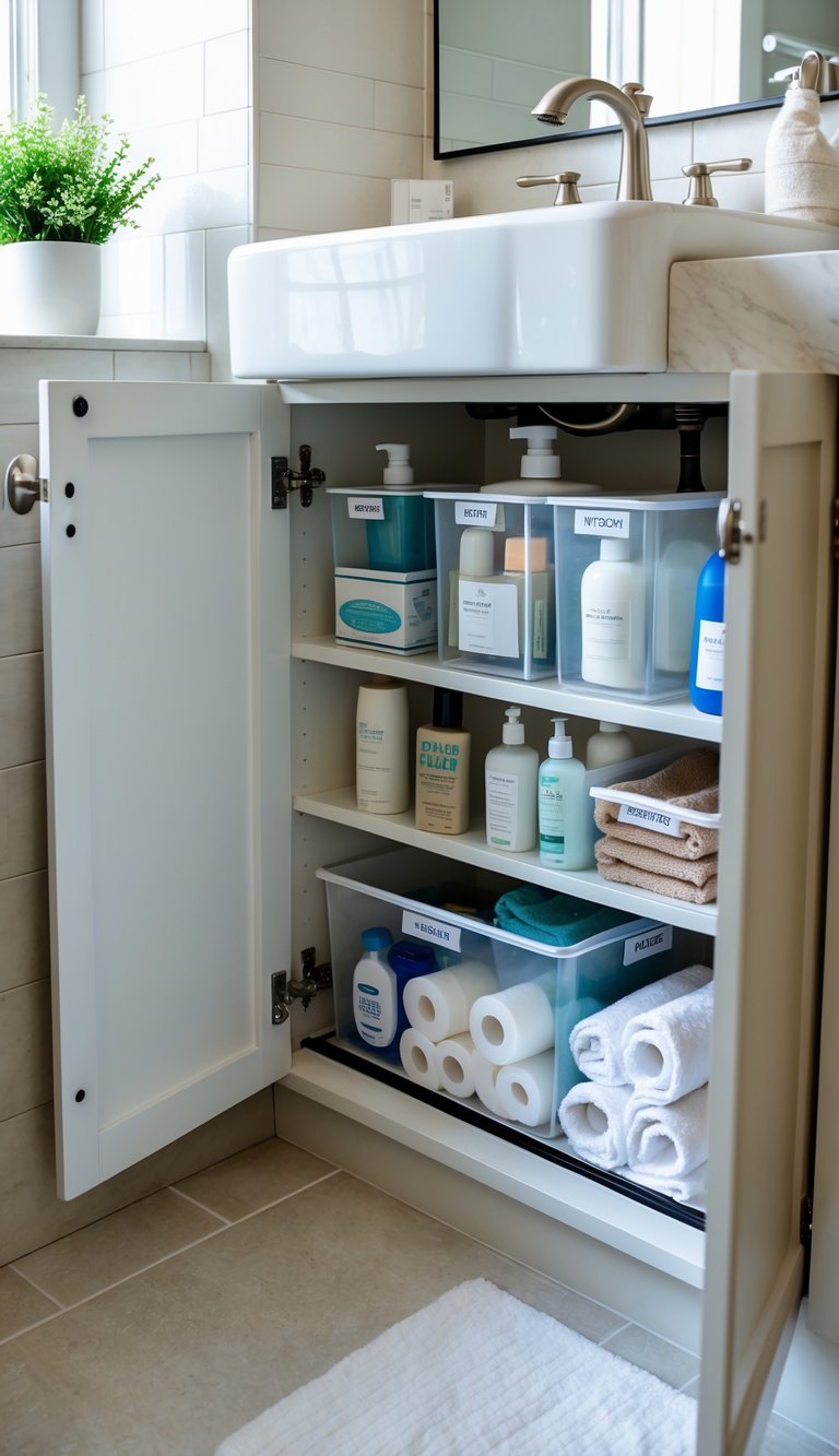 An open bathroom cabinet under the sink with neatly arranged clear bins and containers holding bathroom supplies and toiletries.