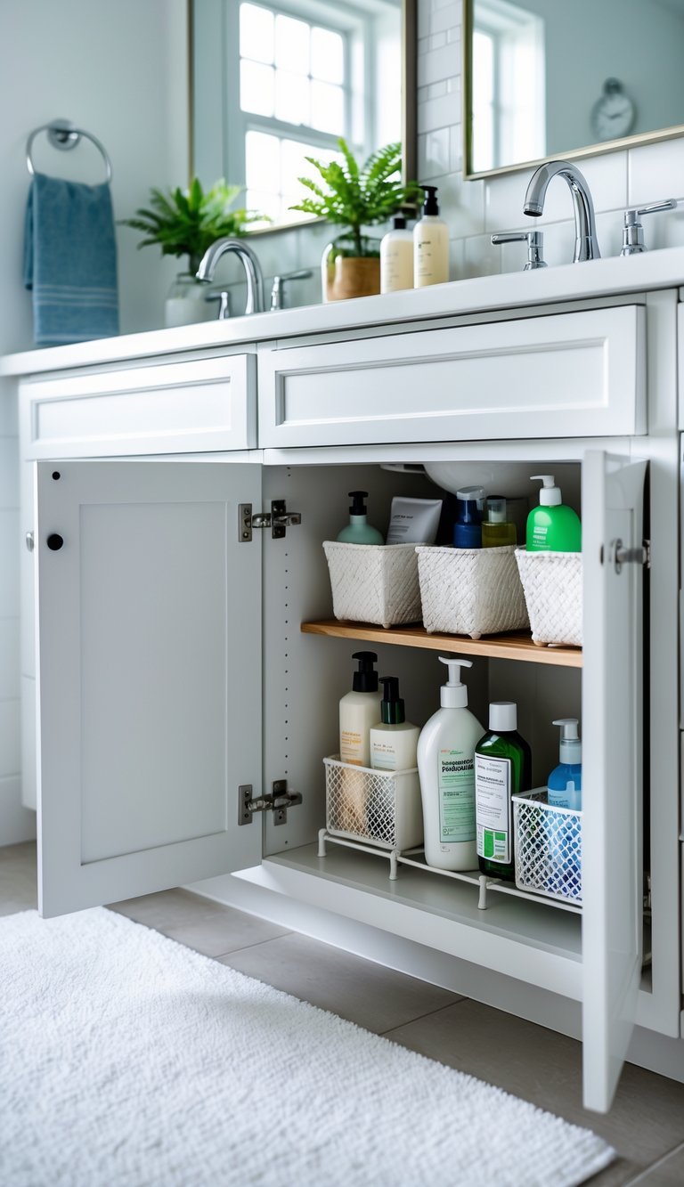 Open bathroom cabinet under sink with small hanging baskets holding toiletries and organized storage inside.