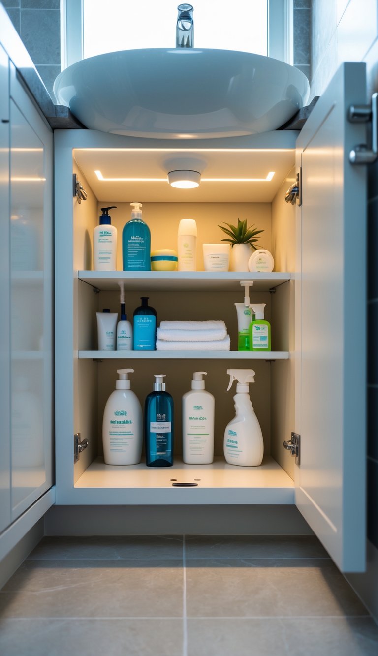 Open bathroom cabinet under the sink with organized shelves and a small LED light illuminating the interior.