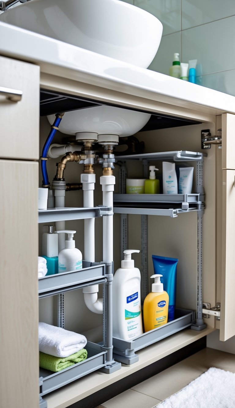 Under-sink bathroom cabinet with expandable organizers arranged around pipes, storing toiletries and cleaning supplies neatly.