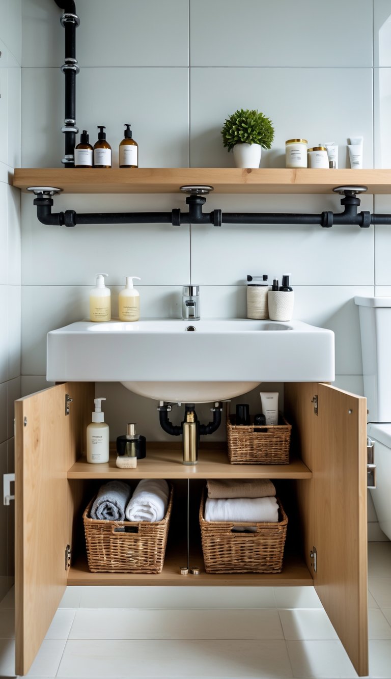 Under-sink bathroom area with a narrow shelf above plumbing holding small bathroom items and organized storage below.