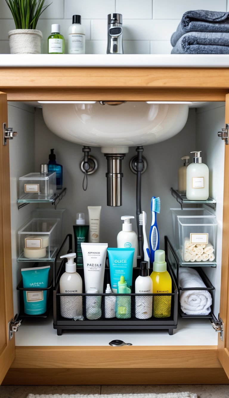 An open bathroom cabinet under the sink showing a small caddy holding daily essentials like toiletries and personal care items, surrounded by organized storage containers and towels.