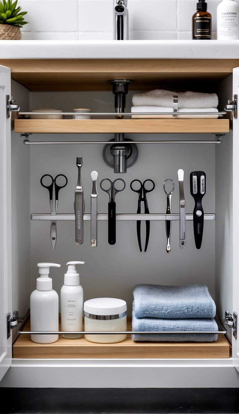 Under-sink bathroom cabinet with magnetic strips holding metal grooming tools organized inside.