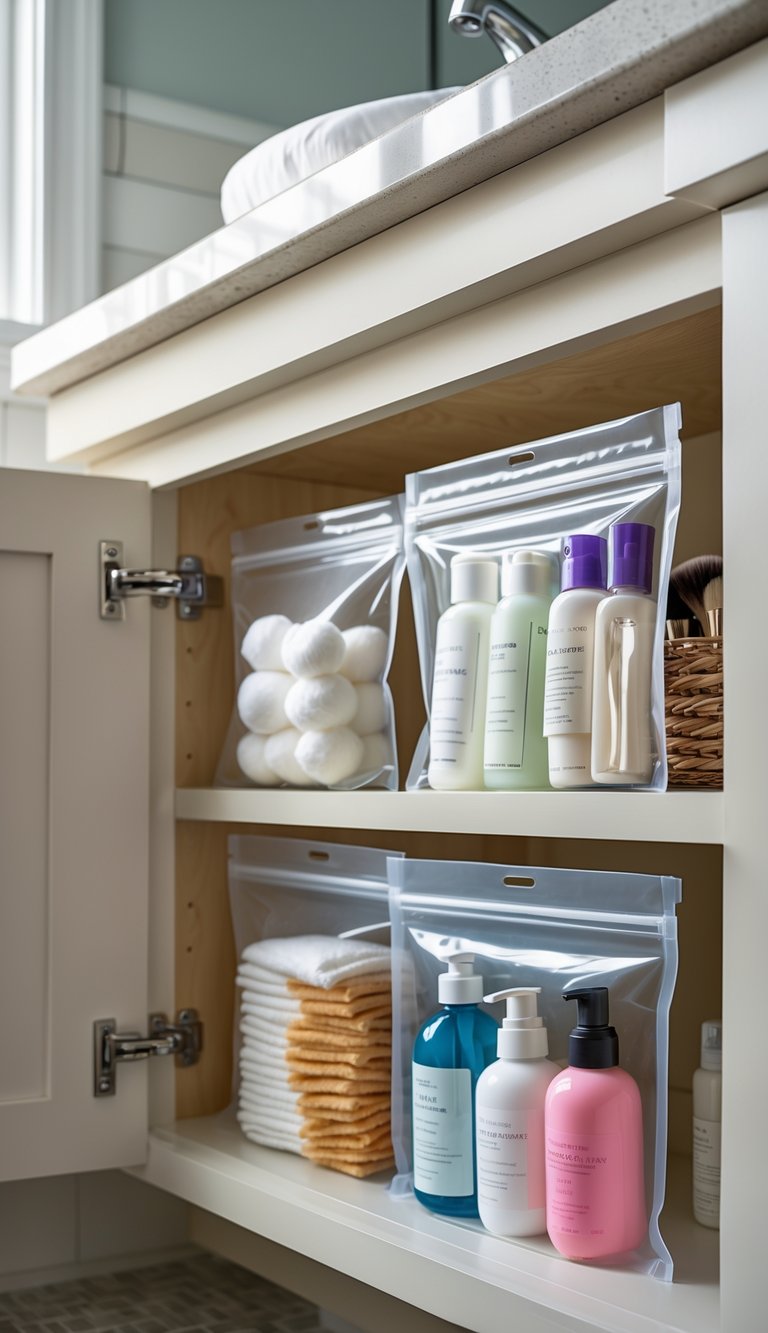 A bathroom under sink cabinet neatly organized with clear resealable bags grouping toiletries and cleaning supplies.