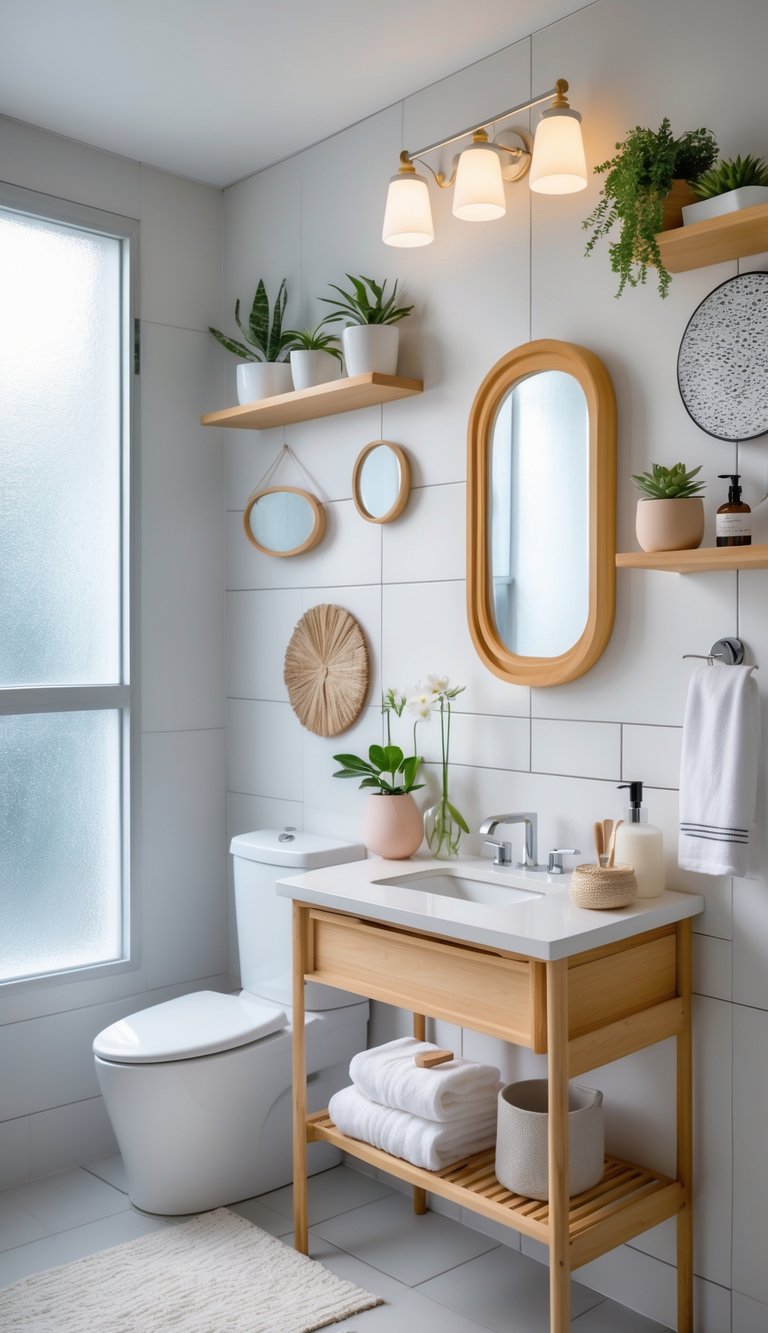 A clean and well-decorated college bathroom with a mirror, plants, towels, and stylish accessories arranged neatly.
