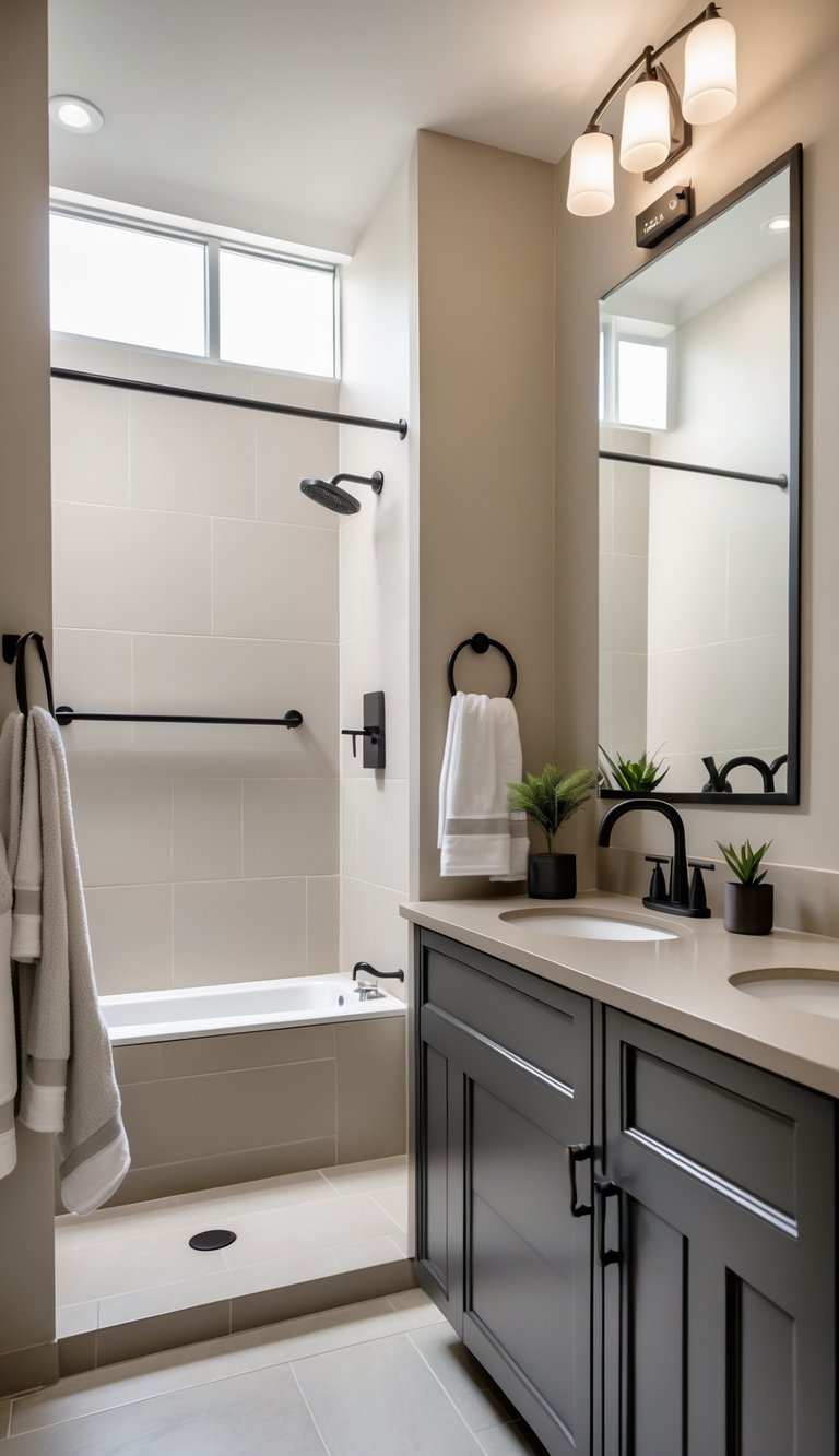 A college bathroom with neutral colored walls and floors, matte black fixtures, and clean countertops with small plants and towels.