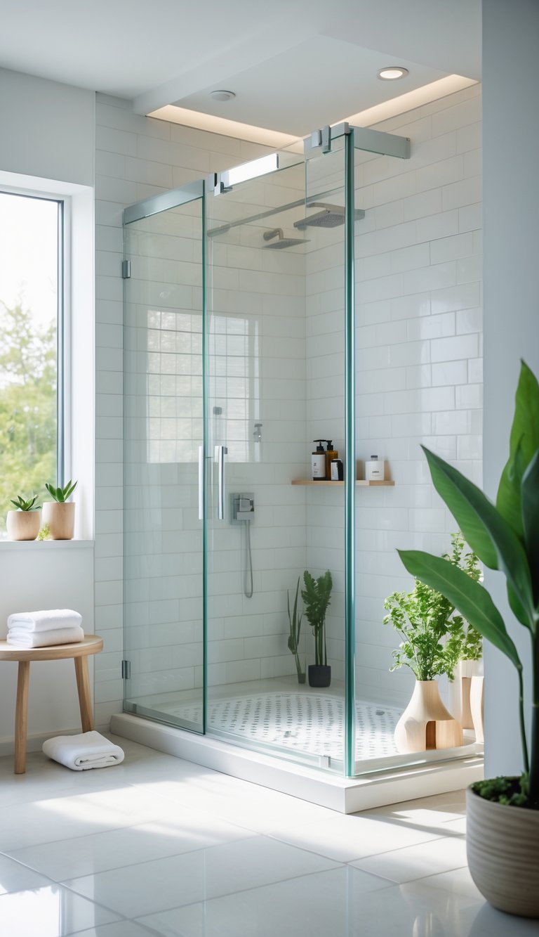 A bright college bathroom with clear frameless glass shower doors, tiled shower interior, and decorative plants.