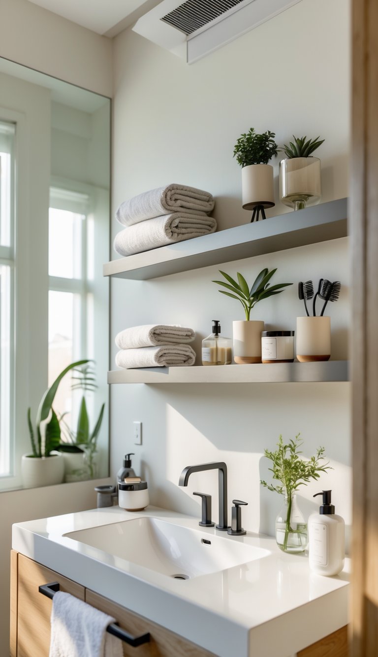 A clean college bathroom with floating shelves holding plants, towels, and toiletries above a sink and mirror.