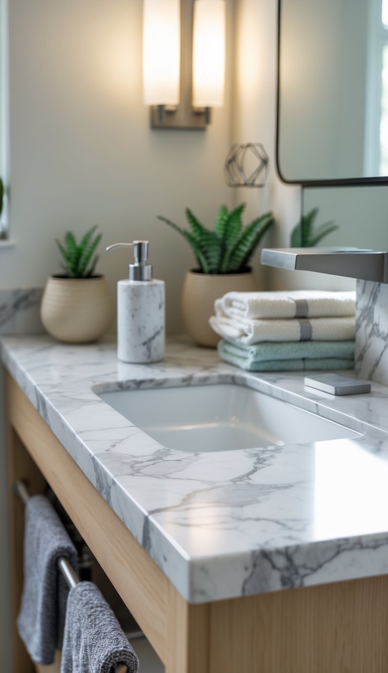 A college bathroom with a marble countertop, faucet, potted plants, and neatly arranged towels.
